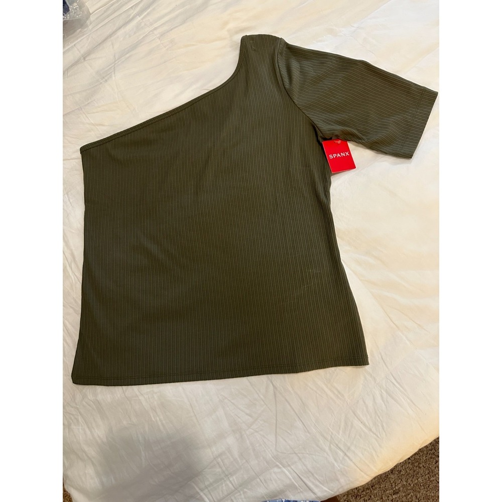 Spanx® Stretch Rib One-Shoulder Top Women's ~ Midnight Olive Green ~ Large